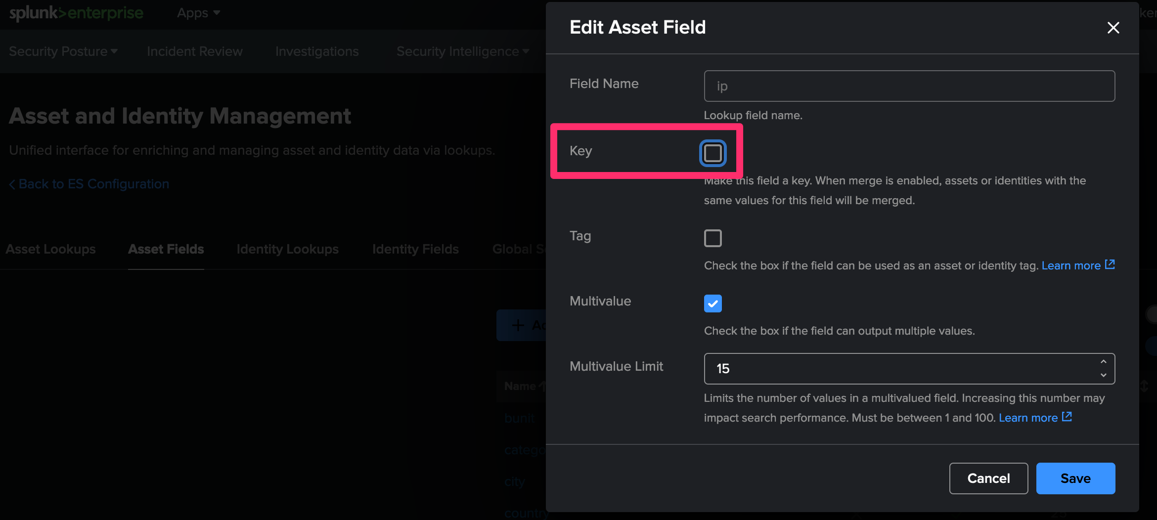 Disable Asset Key by unchecking "Key"